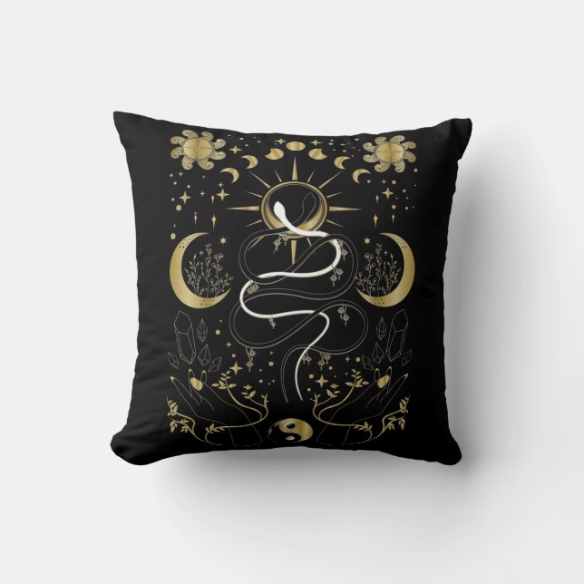 Yin Yang Crescent Moon Sun Celestial Snakes Throw Pillow (Front)