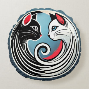 Yin Yang Design Featuring Black and White Cats Round Pillow
