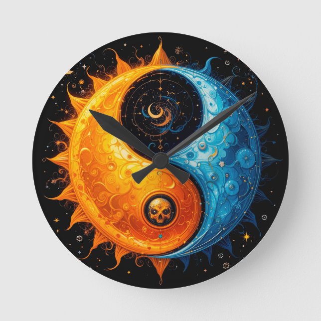 Yin Yang Design Representing Sun and Moon Round Clock (Front)