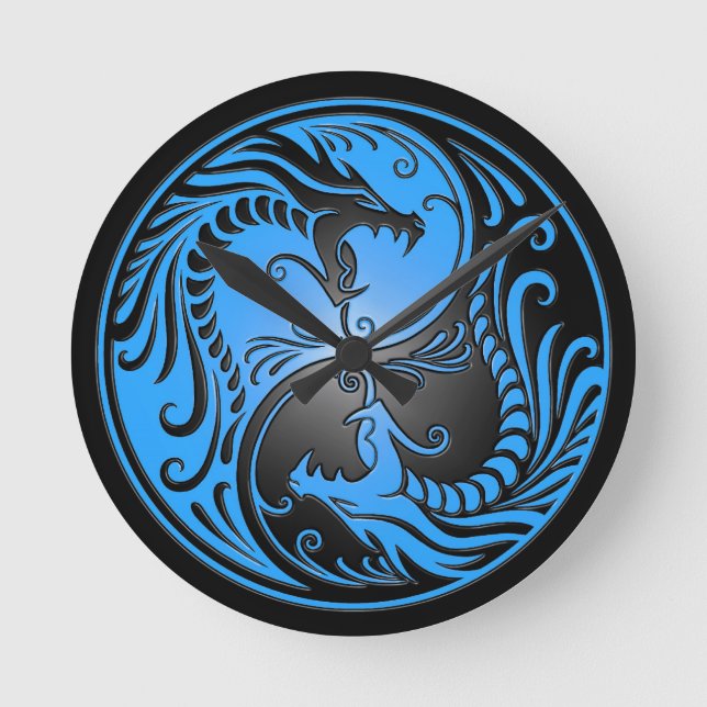 Yin Yang Dragons, blue and black Round Clock (Front)