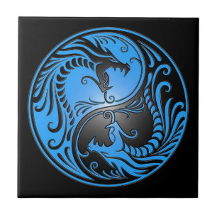 Yin Yang Dragons, blue and black Tile