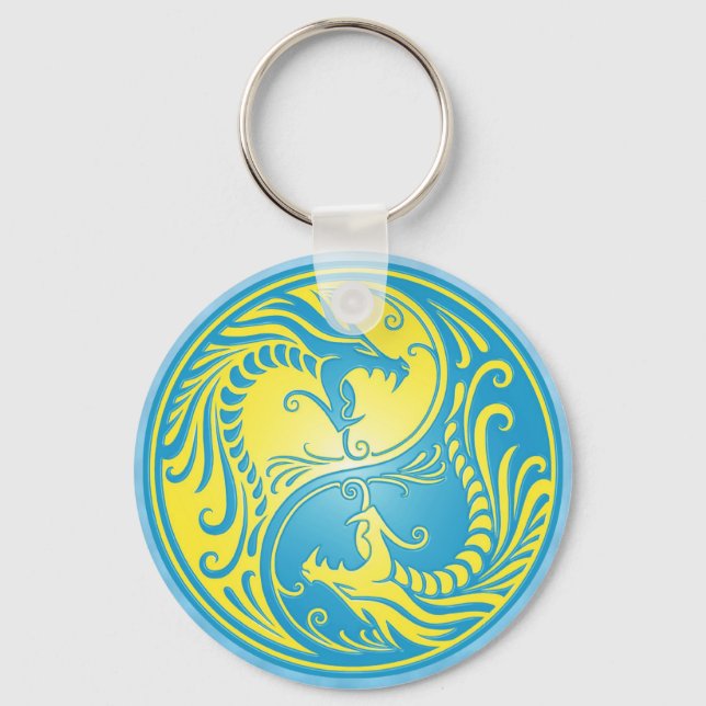 Yin Yang Dragons, blue and yellow Keychain (Front)
