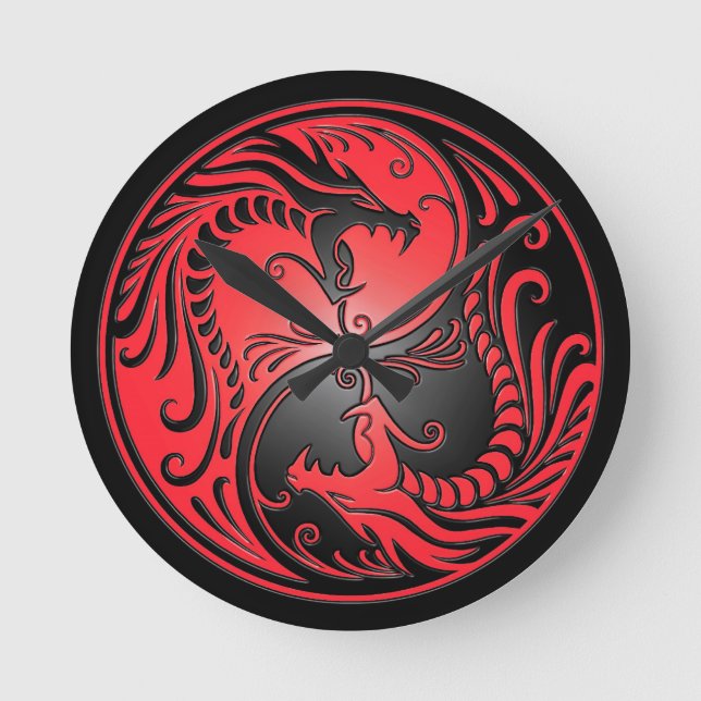 Yin Yang Dragons, red and black Round Clock (Front)