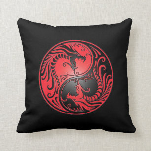 Yin Yang Dragons, red and black Throw Pillow