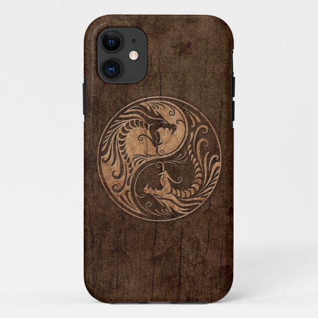 Yin Yang Dragons with Wood Grain Effect Case-Mate iPhone Case (Back)