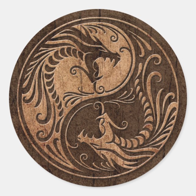 Yin Yang Dragons with Wood Grain Effect Classic Round Sticker (Front)
