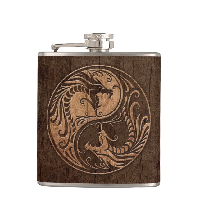 Yin Yang Dragons with Wood Grain Effect Hip Flask (Front)