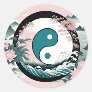 Yin Yang, Floral Mountain Pink Sage Teal Classic Round Sticker
