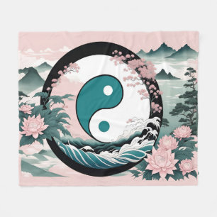 Yin Yang, Floral Mountain Pink Sage Teal Fleece Blanket