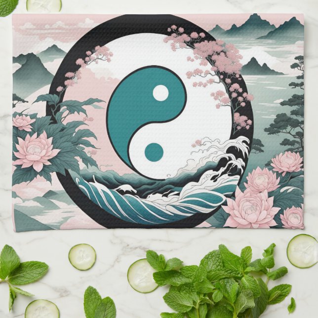 Yin Yang, Floral Mountain Pink Sage Teal Kitchen Towel (Folded)