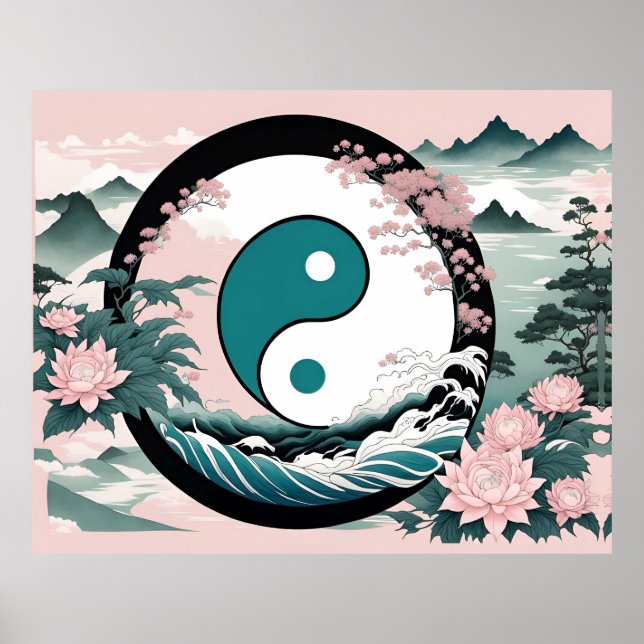 Yin Yang, Floral Mountain Pink Sage Teal Poster (Front)