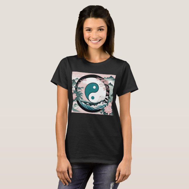 Yin Yang, Floral Mountain Pink Sage Teal T-Shirt (Front Full)