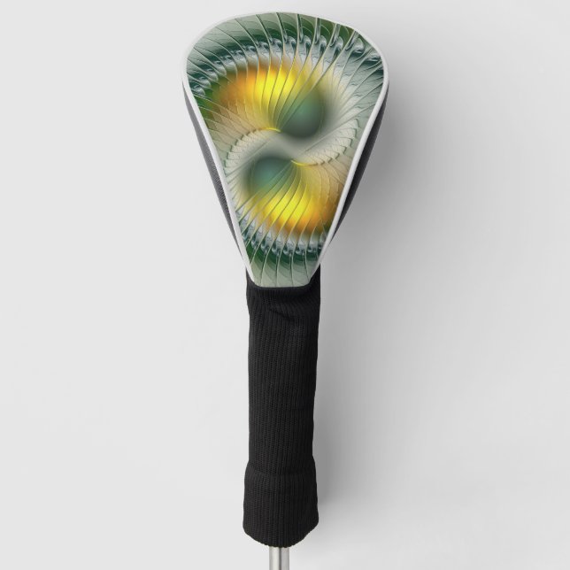 Yin Yang Green Gold Abstract Colourful Fractal Art Golf Head Cover (Front)