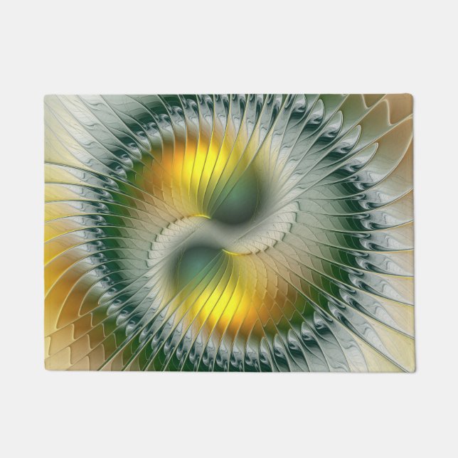 Yin Yang Green Yellow Abstract Colourful Fractal Doormat (Front)