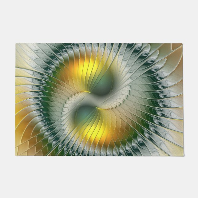 Yin Yang Green Yellow Abstract Colourful Fractal Doormat (Front)