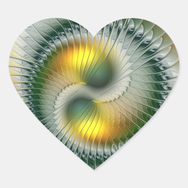Yin Yang Green Yellow Abstract Colourful Fractal Heart Sticker (Front)