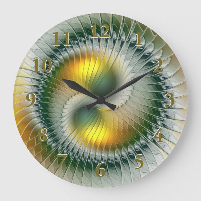 Yin Yang Green Yellow Abstract Colourful Fractal Large Clock (Front)