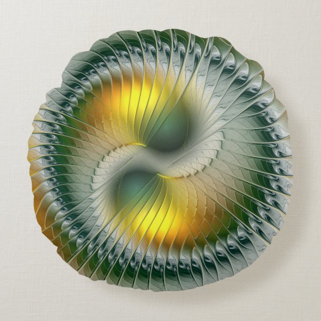 Yin Yang Green Yellow Abstract Colourful Fractal Round Pillow (Front)