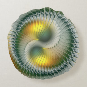Yin Yang Green Yellow Abstract Colourful Fractal Round Pillow