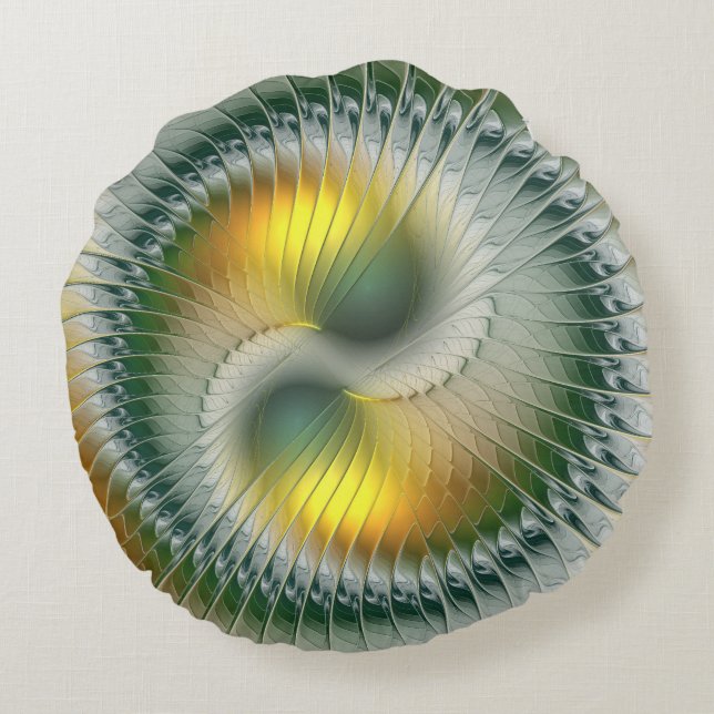 Yin Yang Green Yellow Abstract Colourful Fractal Round Pillow (Back)