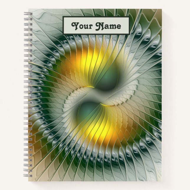 Yin Yang Green Yellow Abstract Fractal Own Name Notebook (Front)