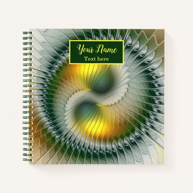 Yin Yang Green Yellow Abstract Fractal Own Name Notebook (Front)