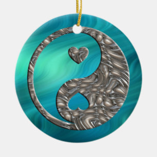 Yin & Yang / Hearts SILVER   bluegreen waves Ceramic Ornament