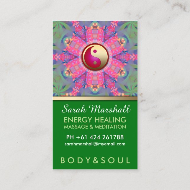 Yin Yang Hippie Pink Green Yoga Business Card (Front)