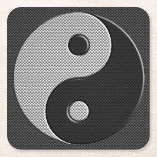 Yin Yang in Carbon Fibre Print Style Square Paper Coaster
