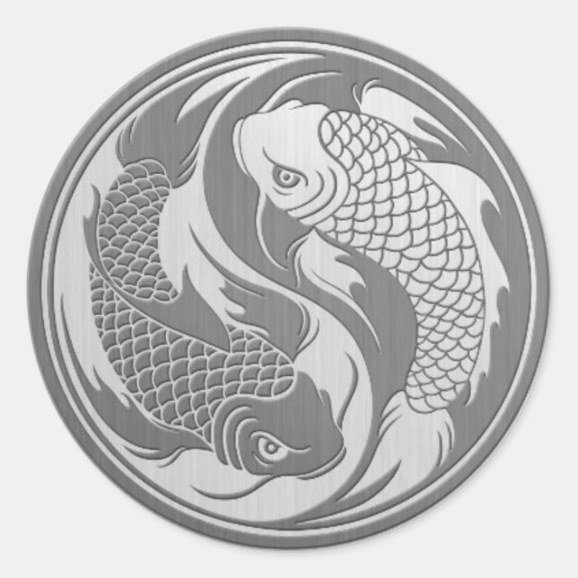 Yin Yang Koi Fish with Stainless Steel Effect Classic Round Sticker (Front)