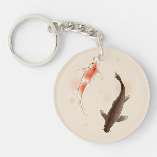 Yin Yang Koi fishes in oriental style painting Keychain
