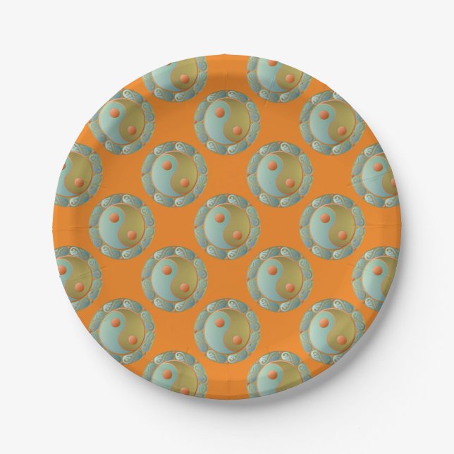 Yin Yang Medallion Gold Turquoise Paper Plate (Front)