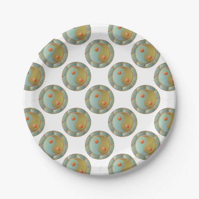Yin Yang Medallion Gold Turquoise Paper Plate (Front)