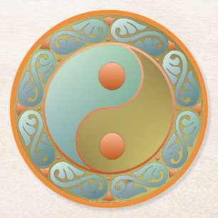 Yin Yang Medallion Gold Turquoise Round Paper Coaster