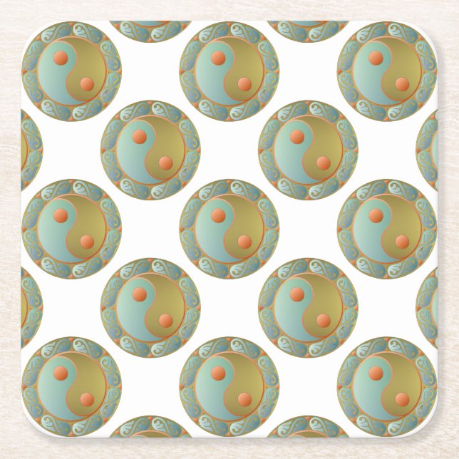 Yin Yang Medallion Gold Turquoise Square Paper Coaster (Front)