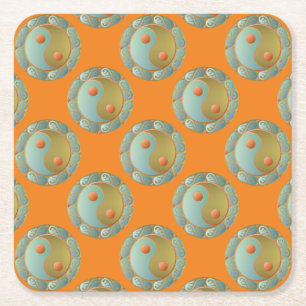 Yin Yang Medallion Gold Turquoise Square Paper Coaster