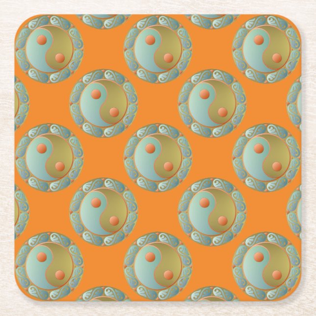 Yin Yang Medallion Gold Turquoise Square Paper Coaster (Front)