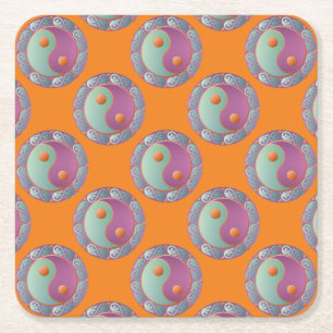 Yin Yang Medallion Violet Turquoise Square Paper Coaster