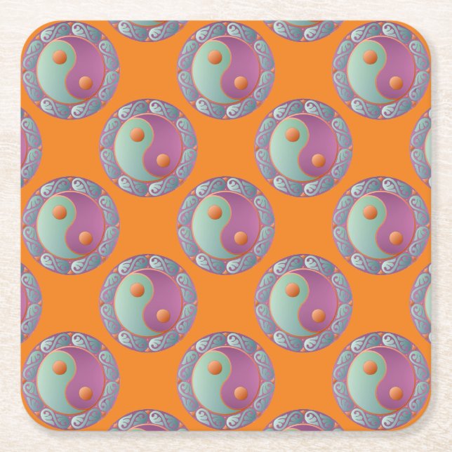 Yin Yang Medallion Violet Turquoise Square Paper Coaster (Front)