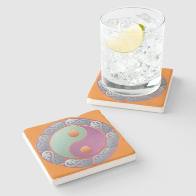 Yin Yang Medallion Violet Turquoise Stone Coaster (Side)