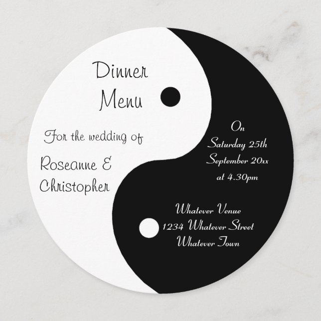 Yin Yang Menu Dîner Mariage Noir Et Blanc (Devant)