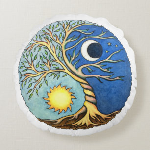 Yin-Yang Moon and Sun Round Pillow