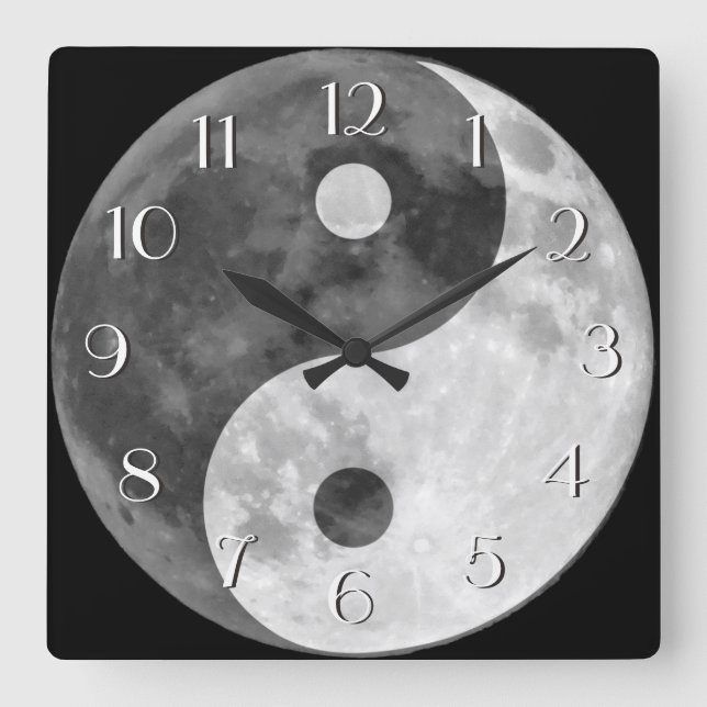 Yin Yang Moon Elegant Numbers Black and White Square Wall Clock (Front)