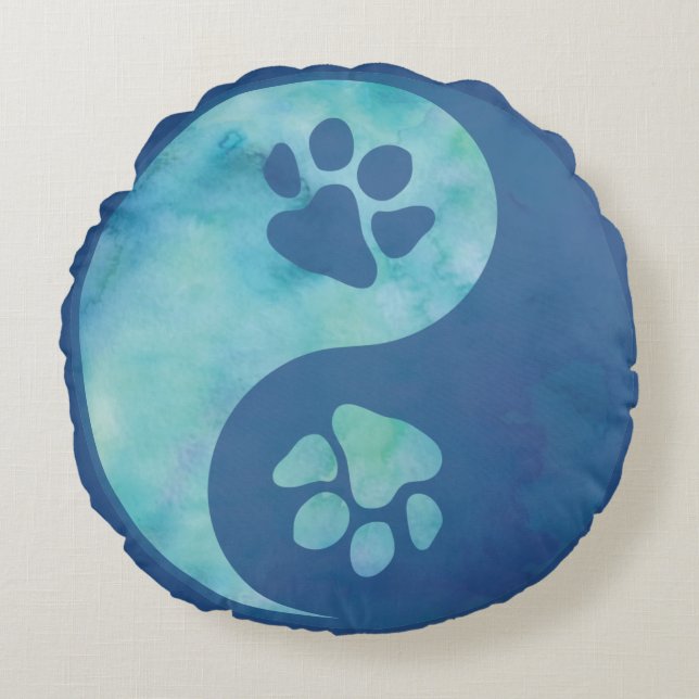 Yin Yang Paw Blue Round Pillow (Front)