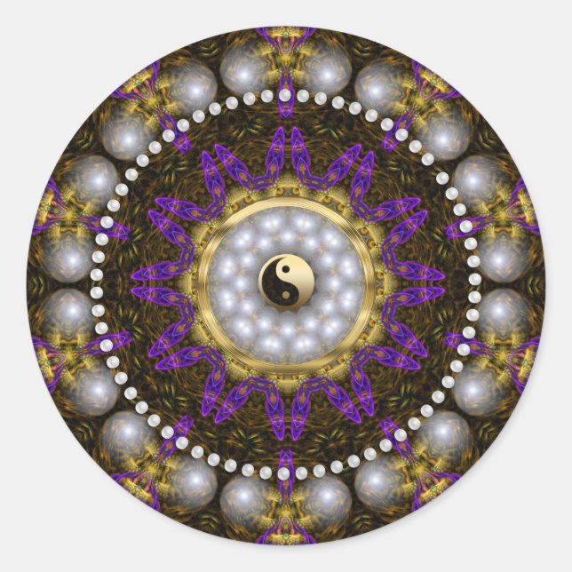 Yin Yang Pearl Purple Gold Geometry Mandala Classic Round Sticker (Front)