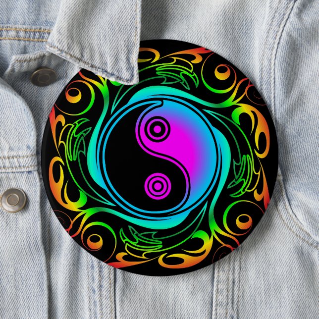 Yin Yang Psychedelic Rainbow Tattoo 6 Inch Round Button (In Situ)