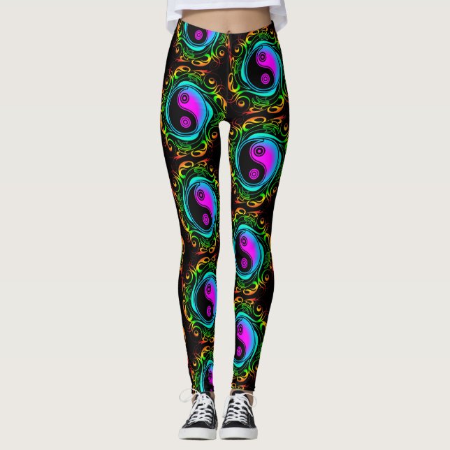 Yin Yang Psychedelic Rainbow Tattoo Leggings (Front)