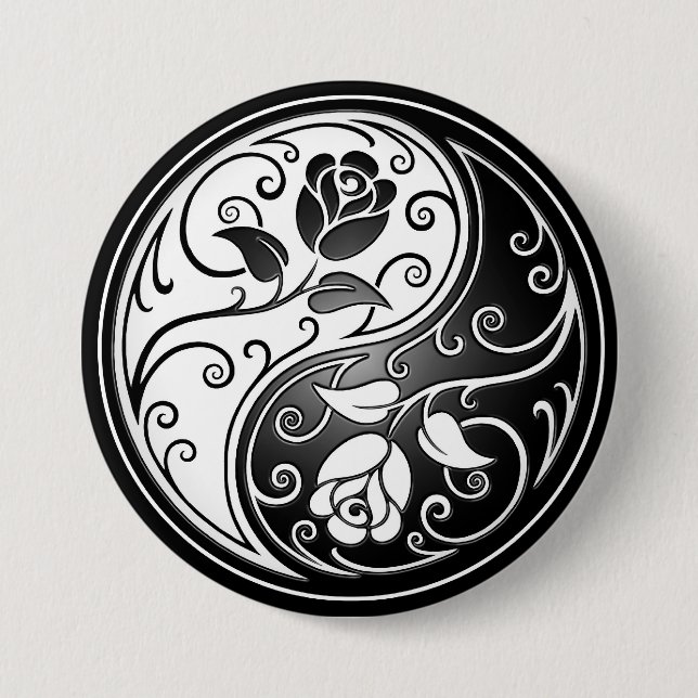 Yin Yang Roses, black 3 Inch Round Button (Front)