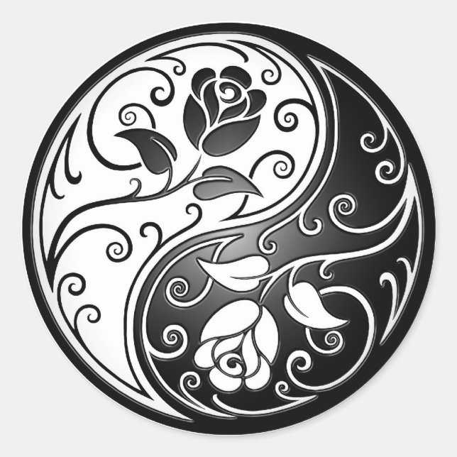 Yin Yang Roses, black Classic Round Sticker (Front)