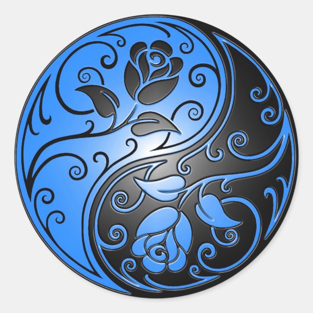 Yin Yang Roses, blue and black Classic Round Sticker (Front)
